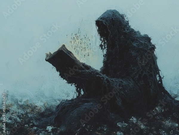 Obraz A mysterious figure reading a book, cloaked in dark textures and surrounded by shadows.