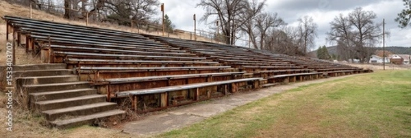 Fototapeta Close-up of rusted metal bleachers from an abandoned high school football stadium.