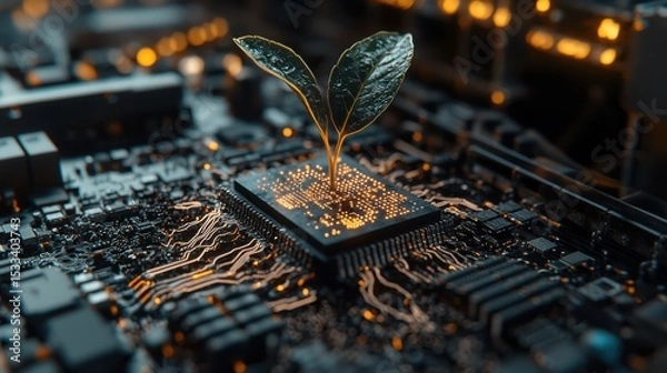 Obraz A plant sprouting from a computer chip, symbolizing innovation and sustainability.