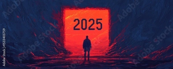 Obraz A person stands at a glowing portal symbolizing the year 2025, embodying futuristic visions.