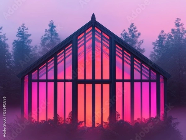 Obraz A serene greenhouse illuminated by vibrant colors in a misty forest setting.
