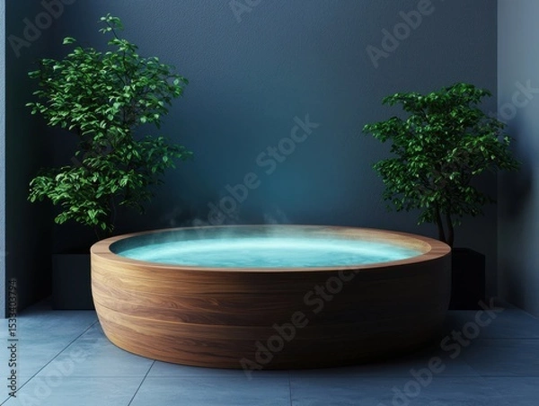 Obraz A serene wooden hot tub surrounded by greenery, providing relaxation and tranquility.