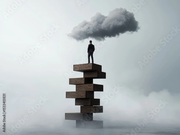 Obraz A solitary figure stands on wooden blocks, lost in thought under a cloud.