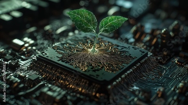 Obraz A small green plant growing from a computer microchip symbolizes innovation and growth.