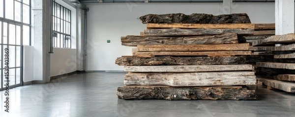 Obraz A stack of wooden planks in an industrial space showcasing raw materials.