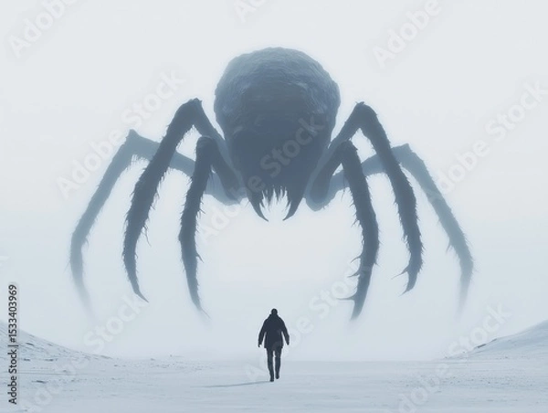 Obraz A surreal scene depicting a person facing a giant spider in a foggy landscape.