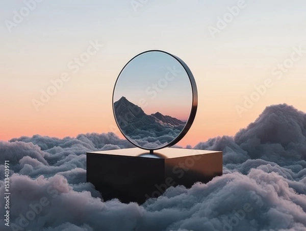 Obraz A surreal reflection of mountains in a mirror above soft clouds at sunset.