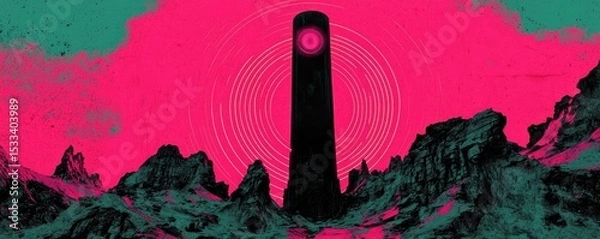 Obraz A vibrant, surreal tower amidst dramatic landscapes and colorful skies.