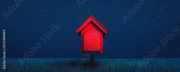 Obraz A vibrant red house stands alone in a serene night landscape filled with stars.