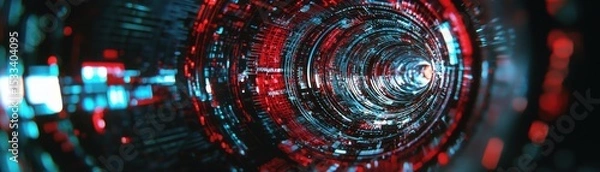 Obraz A vibrant tunnel of lights depicting digital data flow in a futuristic style.