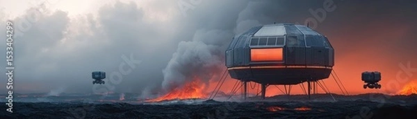 Obraz Futuristic habitat amidst volcanic landscape with smoke and glowing lava flows.