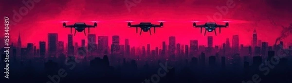 Obraz Futuristic skyline with drones flying in a vibrant pink sunset backdrop.