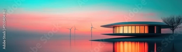 Obraz Modern architectural structure beside a tranquil lake under a colorful sunset.