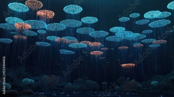 Obraz Stunning underwater scene featuring glowing jellyfish gracefully floating.