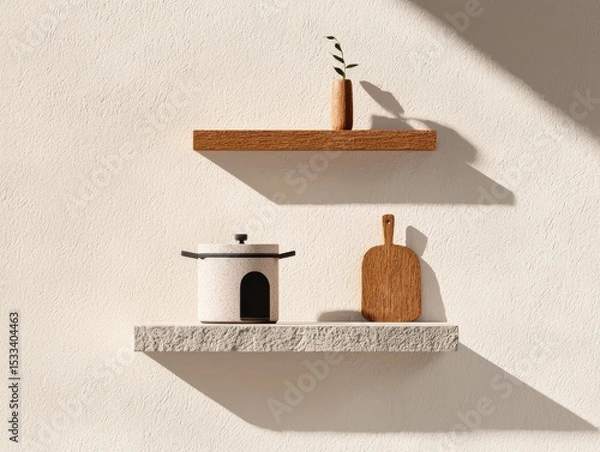 Obraz Stylish home decor featuring minimalistic shelves and decorative objects.