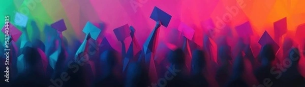 Obraz Vibrant crowd holding signs in a colorful protest scene, showcasing unity and activism.