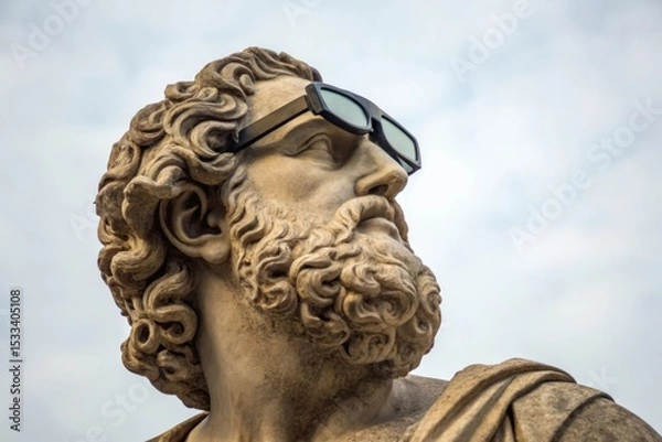 Fototapeta A classical stone statue of a bearded man wearing modern black sunglasses against a cloudy sky background.