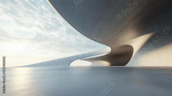 Fototapeta 3d render of abstract modern curve architecture with empty cement floor, minimal exterior, car presentation background
