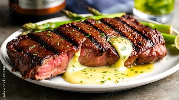 Fototapeta Best steak recipe grilled new york strip steak with asparagus and herb butter for dinner tonight