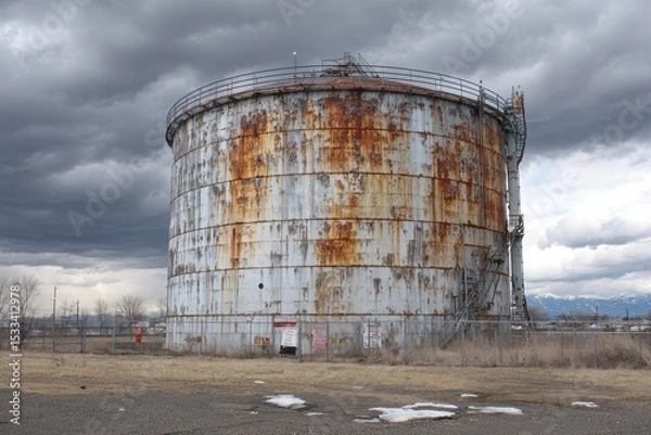Obraz Rusty Industrial Storage Tank Under Dramatic Cloudy Sky