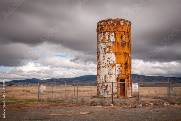 Obraz Rusty Storage Tank on a Grassy Field under Dramatic Cloudy Sky