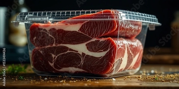 Fototapeta Elegant Red Beef Cuts - Airtight Container Detail