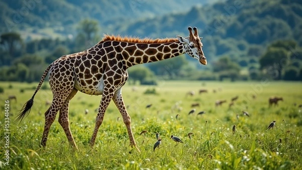 Fototapeta Gentle Giant: Giraffe Stroll Through Green Fields