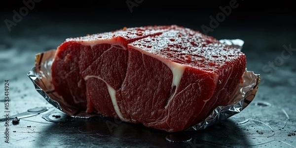 Fototapeta Red Beef with White Fat, Elegant Packaging