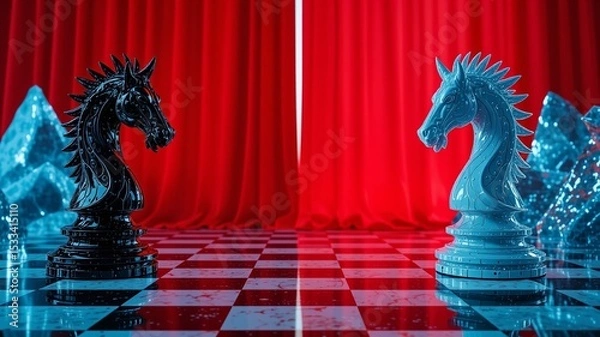 Fototapeta Surreal Chess Knights, Neon Glacier, Red Curtain