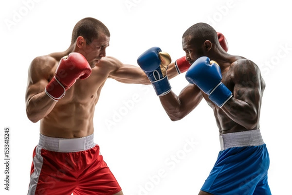 Obraz Two muscular boxers face off, throwing punches in a dynamic boxing match isolated on white background