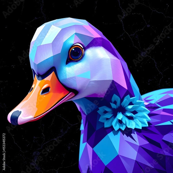 Fototapeta Close-up duck head vector, fragmented geometric low-poly style with neon purple-body gradient.