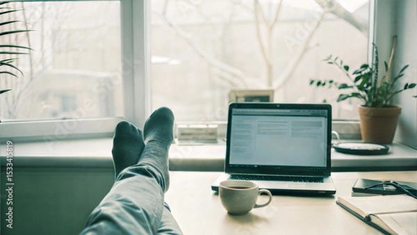 Obraz A person enjoys a cozy remote work at home, relaxing with coffee and using a laptop by the window, surrounded by indoor plants. Generative AI.