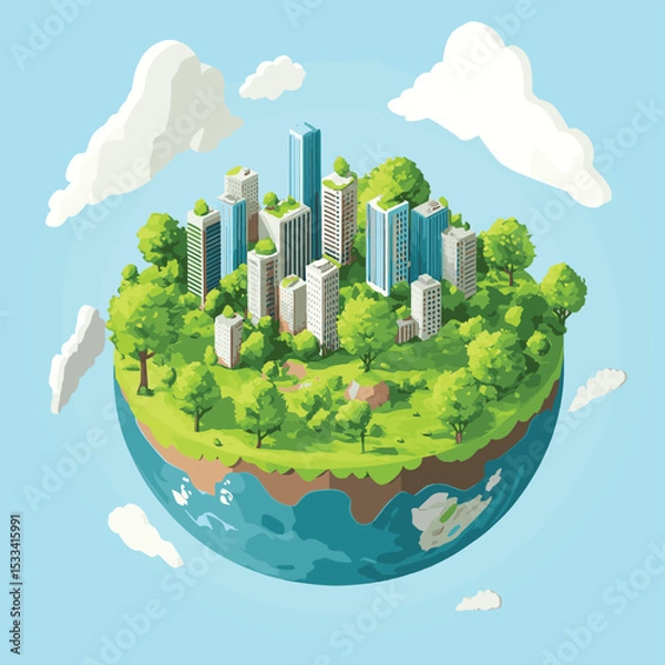 Fototapeta 3D Isometric Flat Vector Illustration of Nature Friendly World, Earth Protection and Sustainable Development , vector style simple color