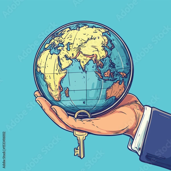 Fototapeta A hand holding a globe with keys, illustration of solutions to global issues in the business world  , vector style simple color