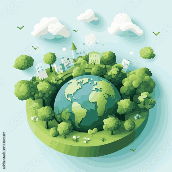 Fototapeta 3D Isometric Flat Vector Illustration of Nature Friendly World, Earth Protection and Sustainable Development , vector style simple color