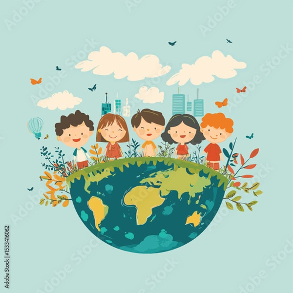 Fototapeta Children with virtual environmental friendly world