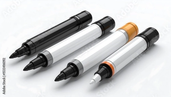 Fototapeta Realistic 3D Highlighters and Markers on Pure White Background with Glossy Plastic Finish