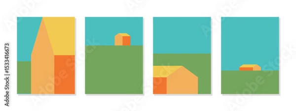 Fototapeta Set of four abstract geometric illustrations featuring houses, sky, and ground in a minimalist style. Perfect for modern interior design, posters, or digital projects