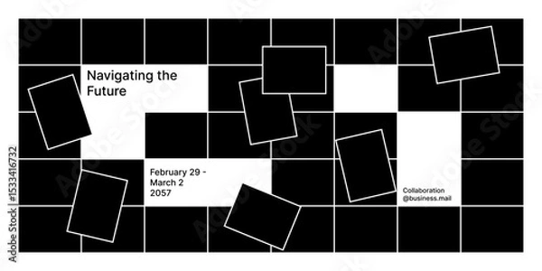 Fototapeta Minimalistic black-and-white abstract design featuring irregularly aligned rectangles and text promoting. Ideal for modern banners, event promotions, and digital campaigns.