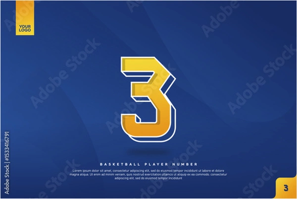 Fototapeta Bold Number 3 in Yellow Gradient with White Outline on Blue Background for Basketball Jersey Design