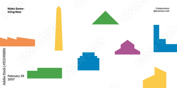 Fototapeta Minimalist building illustration with bold geometric shapes in vibrant colors, set against a clean white background. Ideal for banners, posters, or branding projects with a modern aesthetic.