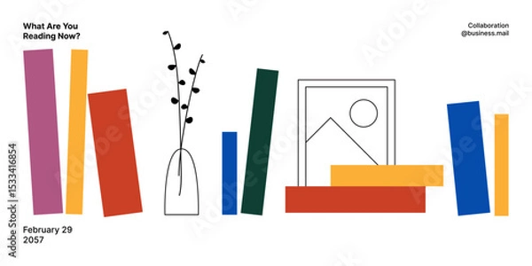 Fototapeta Minimalist bookshelf illustration featuring vibrant book shapes and simple line art elements, perfect for library, education, or reading-related projects.