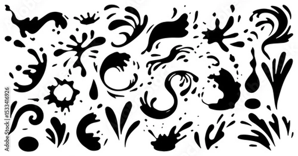 Fototapeta Splash water vector black set icon. Fresh droplet isolated black set icon. Vector illustration splash water on white background. Abstract Liquid Blot, Drip, Drop, Swirl, and Stain Silhouettes Design