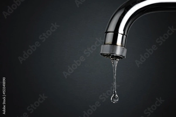 Fototapeta Close-Up of a Modern Faucet with a Single Water Drop on Dark Background
