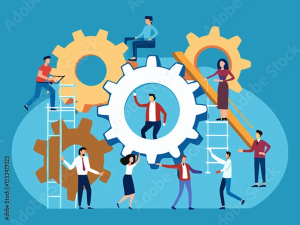 Fototapeta Business Teamwork Concept. Vector illustration in flat style of a mechanism consisting of gears and diverse business people performing various tasks, flat style Business Teamwork Concept