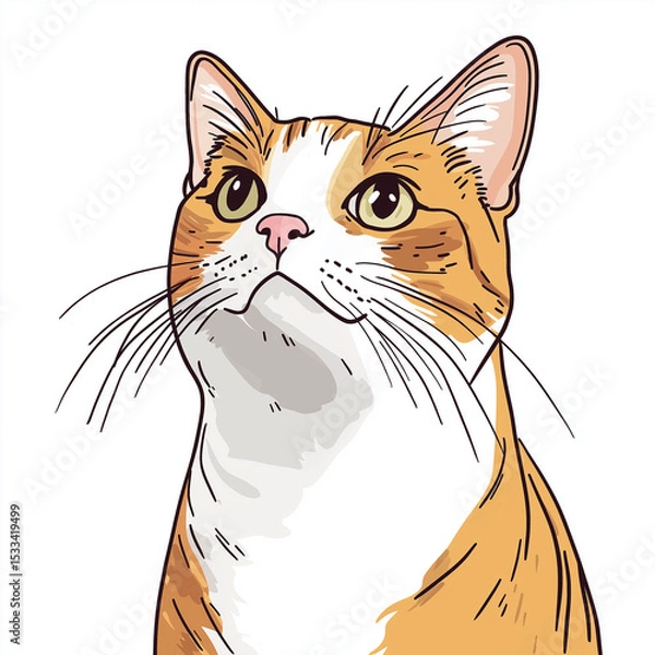 Fototapeta A curious cat gazing upward, in a vibrant illustration, it features an orange and white coat with expressive eyes. Capturing the playful personality and charming beauty of feline companions.