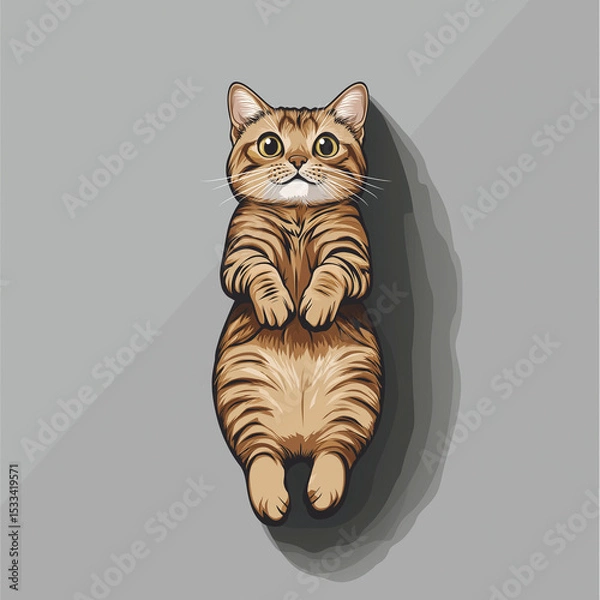 Fototapeta A captivating illustration of a cute tabby cat lying on a flat surface, gazing upwards with wide, innocent eyes. This heartwarming image captures the essence of feline charm.