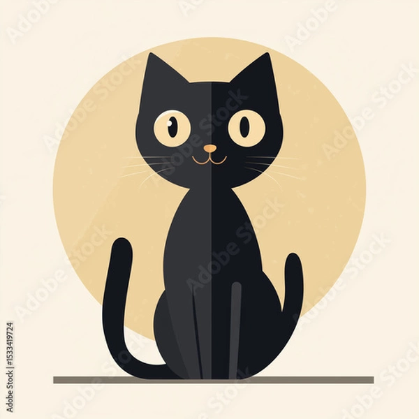 Fototapeta A charming cartoon black cat with a friendly expression, set against a warm, circular backdrop. This whimsical illustration captures the essence of feline sweetness and playful spirit.