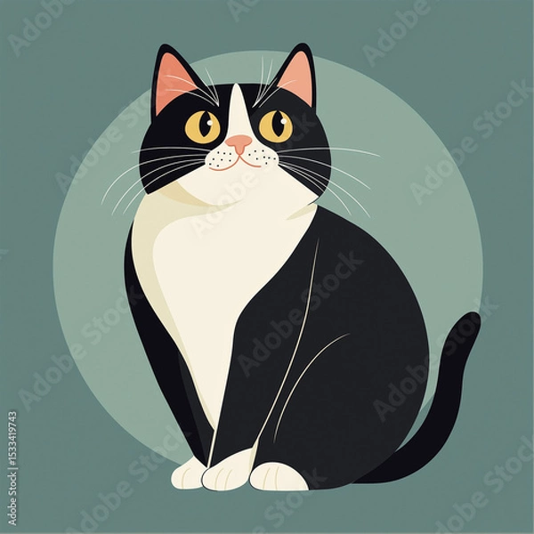 Obraz Charming tuxedo cat with golden eye sits elegantly against a backdrop of soft green circle, perfect for adding a touch of warmth to any project.
