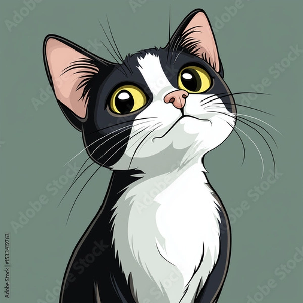 Fototapeta A charming cartoon cat with striking black and white fur, curious yellow eyes and a whimsical expression.